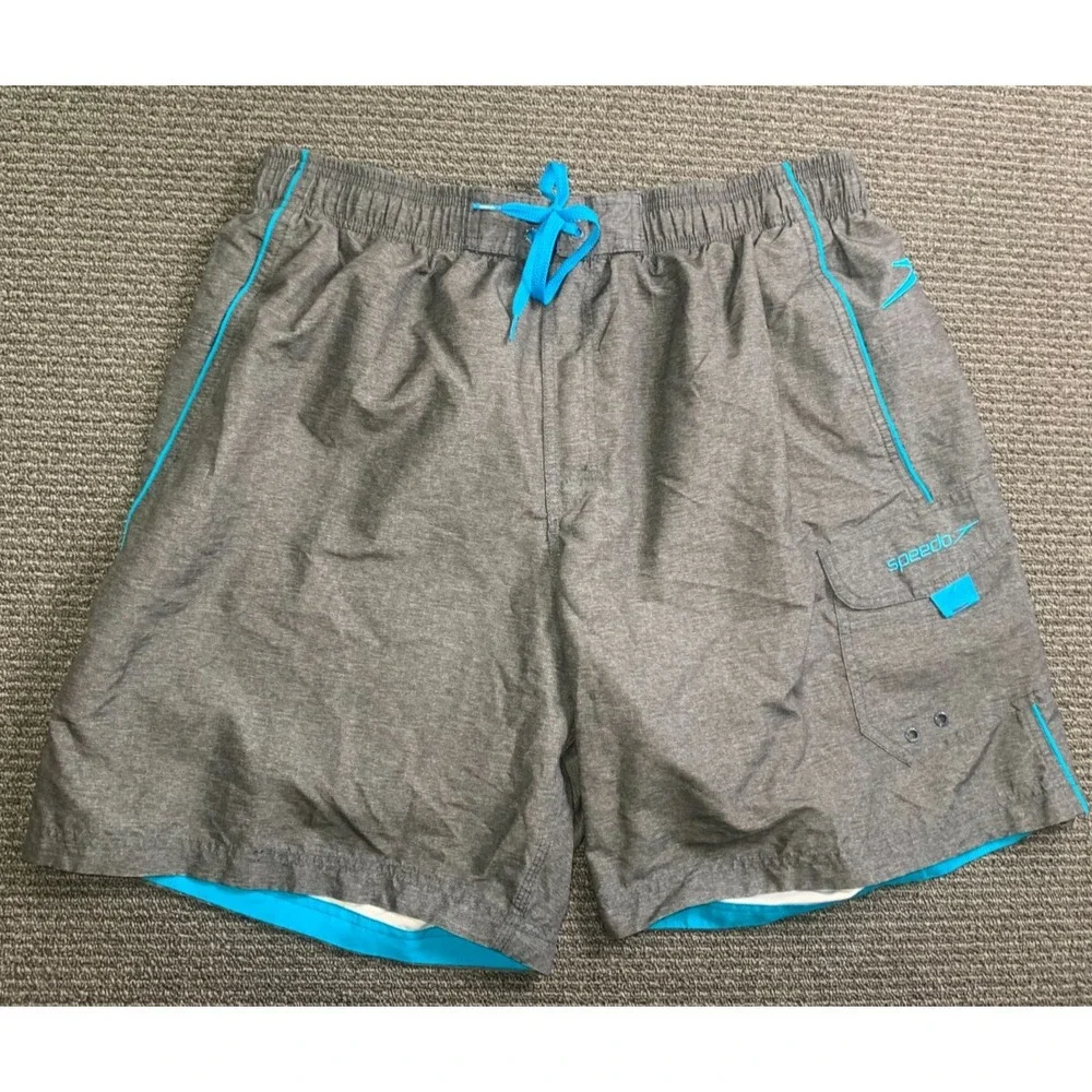 Speedo Mens Swim Trunks Gray Blue Embroidered Logo Cargo Pocket Size XL